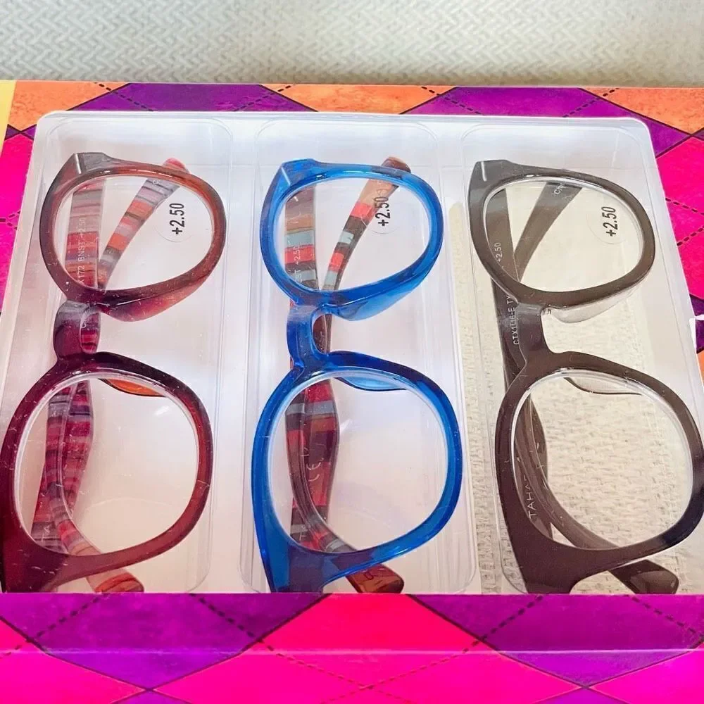 NWT 3 Pack 2.50 TAHARI Premium Eye Reading Glasses Black, Blue & Brown & Striped